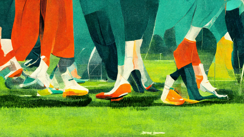 ноги в футбольных бутсах  на зеленом поле
